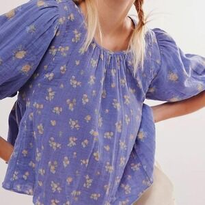 Free People Chloe Printed Cotton Cutout Tie-Back Top In Indigo